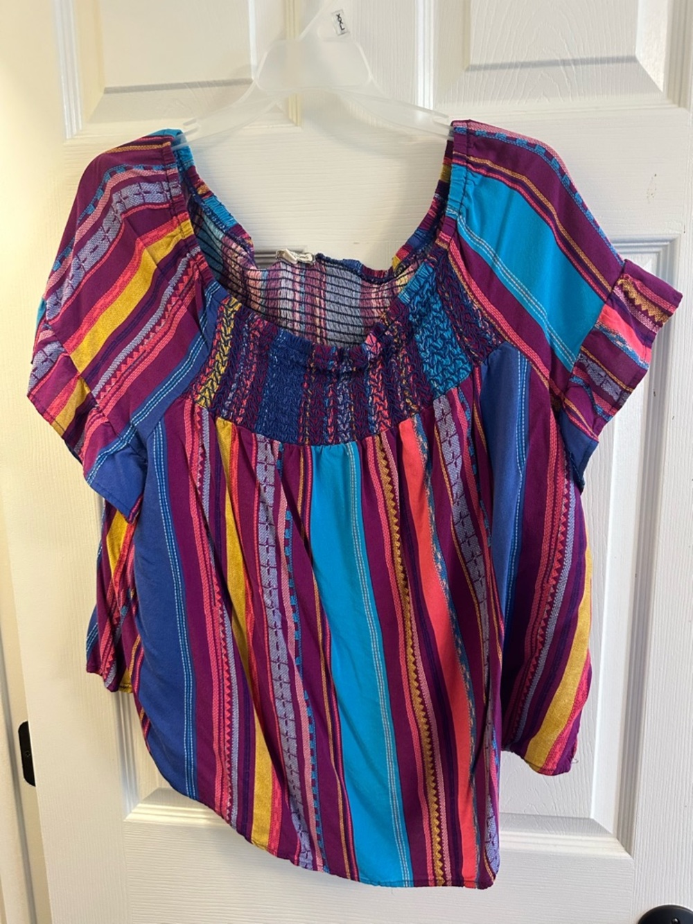 Eyeshadow Multicolor Striped Smocked Neck Tunic in Blue, Purple & Pink